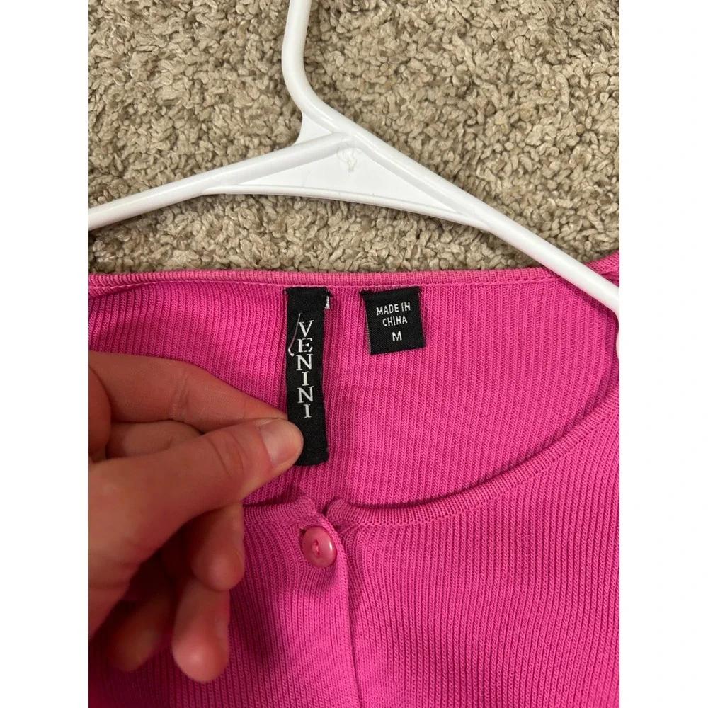Pink Ribbed Button‎ Up Knit Cardigan Long Sleeve Chic Casual Preppy Women's M